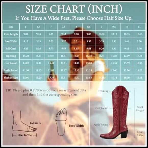 Knee High Cowboy Boots Floral Embroidered Chunky Heel Vintage Western - Picture 6 of 7